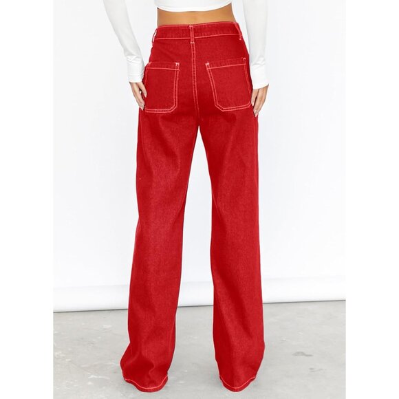 Women's Cargo Jeans Cotton Wide Leg Loose Fit Mid Rise Denim Pants - Picture 2 of 9